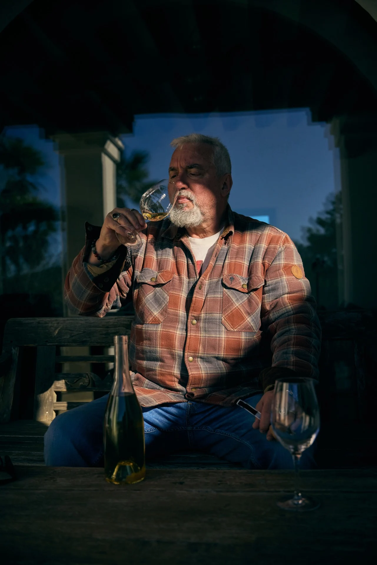 Peter Lehner tasting his new Giró Ros and Chardonnay white wine blend at the Blacknose Ibiza estate, scheduled for its first release in 2026.